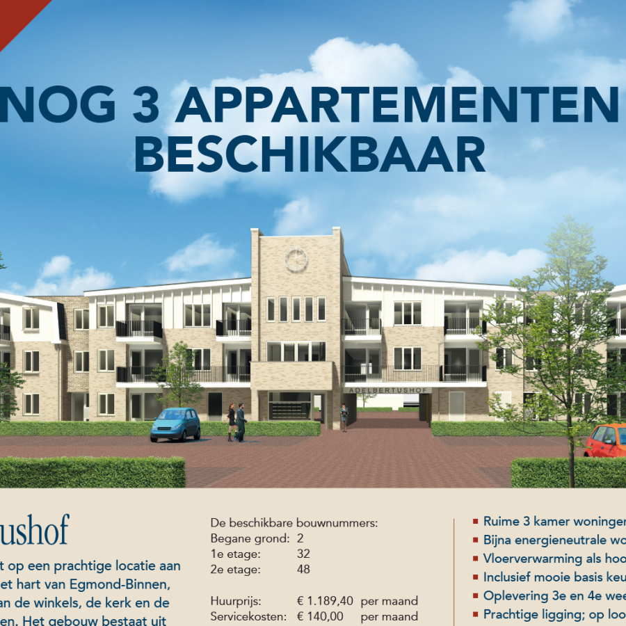 Adelbertushof nog 3 appartementen beschikbaar